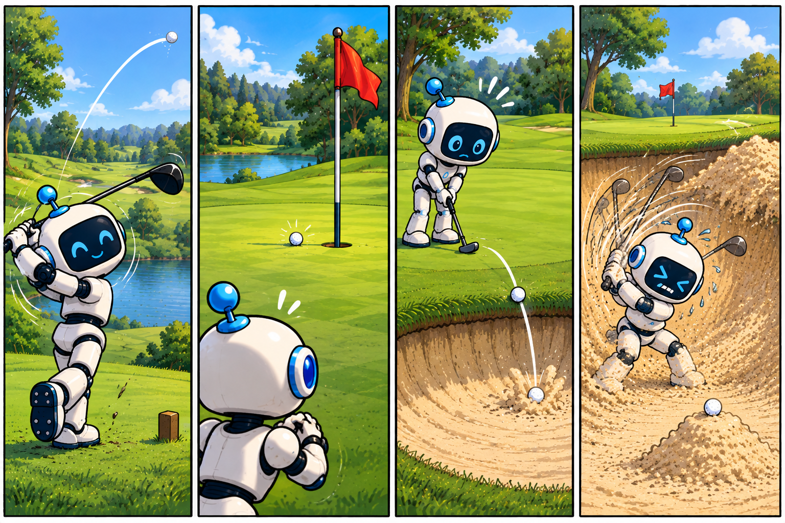 Four panels: a robot tees off; the ball nears the pin; it plays again into a bunker; it flails in the sand.
