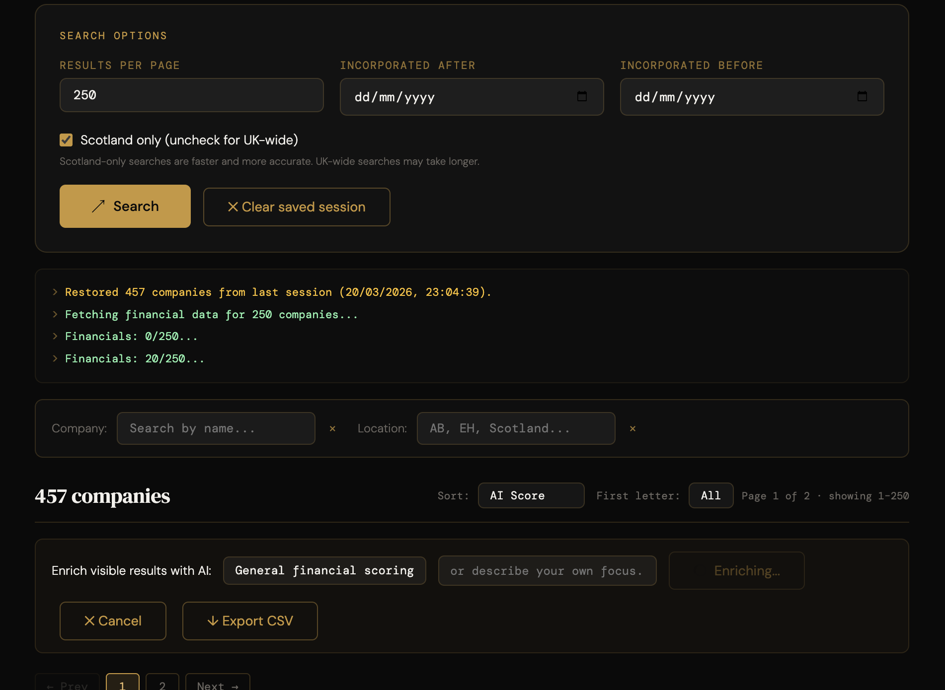 Search running with live progress log