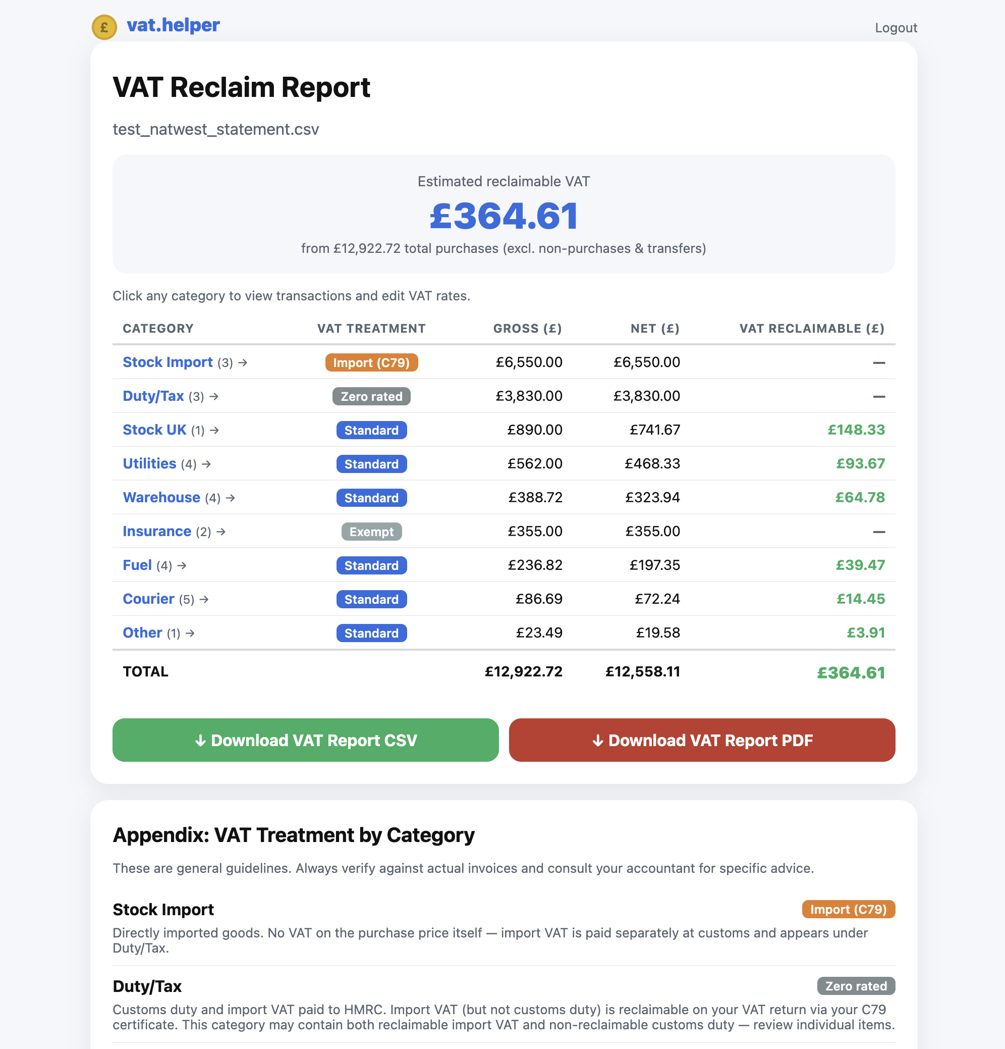 VAT Reclaim Report